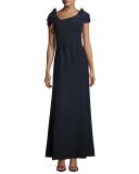 Asymmetric Cap-Sleeve A-Line Gown, Midnight