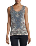 Superfine Bohemian Leopard Cashmere Tank, Ivory Multi