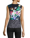 Sleeveless Mixed-Print Peplum Top, Black