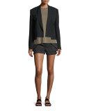 Ribbed Shawl-Collar Cropped Jacket, Black