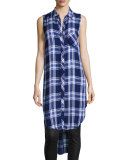 Jordyn Plaid Sleeveless High-Low Tunic, Midnight Cobalt