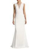 Sleeveless Stretch Crepe Rouleau-Button Gown, Ivory