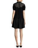 Short-Sleeve Scalloped Stone Crepe Dress, Black