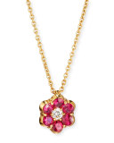 18K Gold Ruby & Diamond Floral Pendant Necklace
