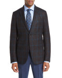 Double Windowpane Check Sport Coat, Black/Burgundy