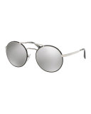 Trimmed Mirrored Round Sunglasses, Silver/Black