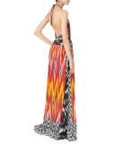 Ikat-Print Georgette Halter Dress, Red