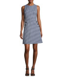 Gingham Dome-Button Shift Dress, Blue/White