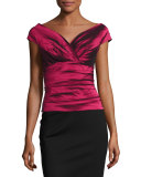 Cap-Sleeve Tiered Stretch Satin Top, Red
