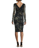 Long-Sleeve Paisley Velvet Faux-Wrap Dress, Black