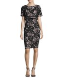 Short-Sleeve Floral Lace Popover Cocktail Dress, Black