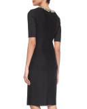 Jeweled-Neck Milano Knit Sheath Dress