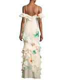 La Santa Maria Ruffled Floral Gown, White
