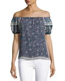 Tinashe Off-the-Shoulder Floral Silk Top, Blue