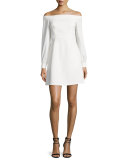 Long-Sleeve Off-the-Shoulder Crepe Dress, Ivory