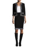 Fringe-Trim Boucle Knit Jacket, Caviar/Frost