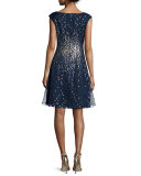 Cap-Sleeve Metallic Silk Organza Fit-and-Flare Dress, Navy