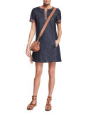 Short-Sleeve Chambray Mini Dress, Indigo