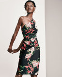 One-Shoulder Floral Jersey Cocktail Dress, Black/Pink