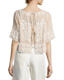 Arya Silk Tie-Back Top with Textured Embroidery, Beige