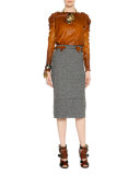 Shirred Long-Sleeve Degrade Leather Top, Cognac