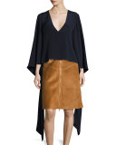 V-Neck Blouson Tie-Sleeve Blouse, Navy
