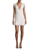 Costa Beaded Open-Back Cap-Sleeve Dress, White