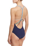 Friendship Bracelet Plunge-Neck One-Piece Swimsuit, Navy