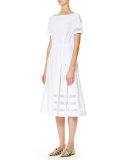 Illusion-Trim Short-Sleeve Midi Dress, White