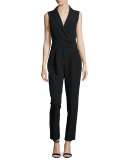Sleeveless Tuxedo-Collar Jumpsuit, Black