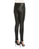 Mid-Rise Flat-Yoke Leather Leggings, Black