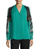 Raine V-Neck Silk Blouse w/ Lacy Printed Sleeves, Jade Multi