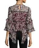 Woodcut Floral Melodie Silk Top, Multicolor