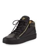 Men's Leather Mid-Top Sneaker with Gold Piercing Details, Black