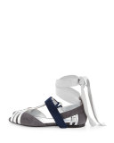 Snake & Suede Ankle-Wrap Sandal, Nebbia/Argento