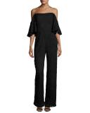 Rosanna Off-the-Shoulder Floral Lace Jumpsuit, Black