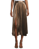 Bobby Pleated Lamé Midi Skirt, Rose Gold
