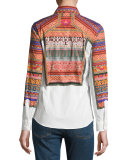 Printed Poplin Long-Sleeve Blouse, White/Gold