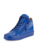 Men's Patent Leather Mid-Top Sneaker, Blue
