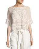 Arya Silk Tie-Back Top with Textured Embroidery, Beige