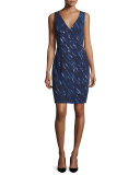 Sleeveless Brushstroke-Print Sheath Dress, Blue