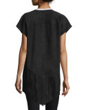 Open-Front Suede Poncho W/Fringe, Black