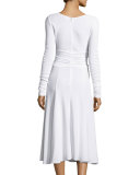Long-Sleeve Cowl-Neck Cummerbund-Waist Dress, White
