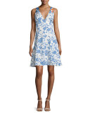 Sleeveless Floral Ribbed A-Line Dress, Blue/White