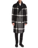 Double-Breasted Large Check Overcoat, Black