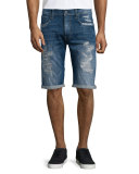 Distressed Straight-Leg Denim Shorts, Medium Blue