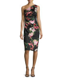 One-Shoulder Floral Jersey Cocktail Dress, Black/Pink