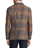 Madras Plaid Linen-Cotton Blazer, Beige