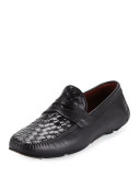 Woven Calf Leather Penny Driver, Black