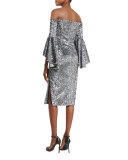 Off-the-Shoulder Sequined Cocktail Dress, Gunmetal